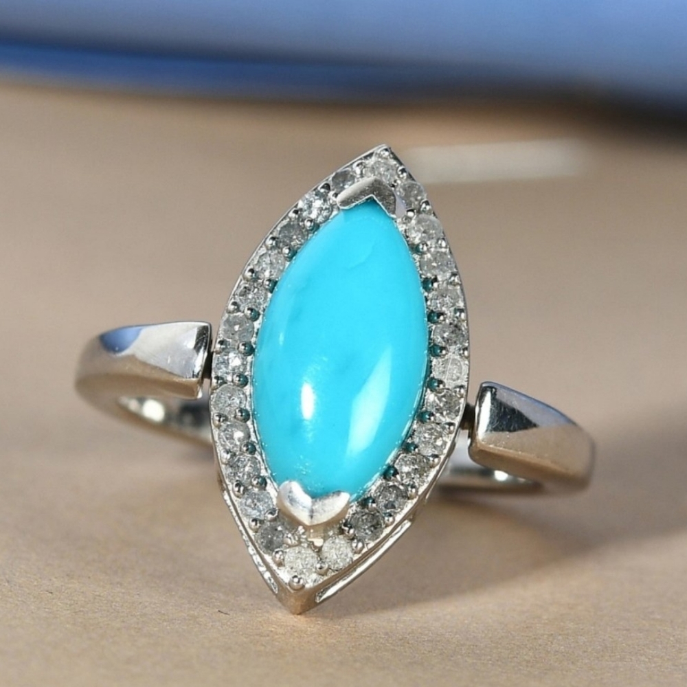 NWT American Natural Arizona Sleeping Beauty Turquoise & Whi Diamond Ring Size 7 - Picture 8 of 13